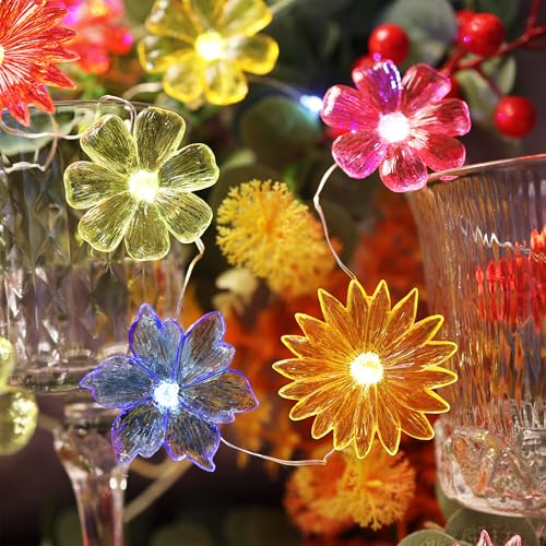 Fairy Lights Decorative Flower Lamp -Waterproof Battery Operated String Lights 7ft 20LED Indoor Outdoor- Floral Décor Flower String Lights Garden Wreath Fence Bathroom Office Home Decor - color: Red-Blue-Pink-Yellow-Orange