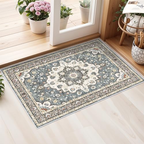Washable Oriental Area Rug - 2x3 Rugs for Living Room Soft Carpet for Bedroom Waterproof Floral Distressed Indoor Stain Resistant Non-Shedding Floor Carpets (Blue, 2x3) - color: Blue, size: 2' x 3' (Rectangular)