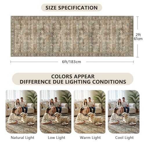 2x6 Hallway Runner Rug, Washable Vintage Retro Long Runner Rugs for Kitchen Laundry, Soft Ultra Thin Non Slip Low Pile Traditional Distressed Boho Carpet for Bedroom Bathroom, Charcoal Olive - color: B-charcoal / Olive, size: 2x6