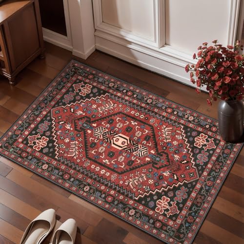 Ciicool Small Area Rug, 2x3ft Boho Rug, Ultra Soft Entry Rugs for Entryway, Non-Slip Washable Oriental Low-Pile Indoor Mat Floor Carpet for Entrance Bedroom Kitchen Bathroom Foyer Decor - color: Red / Black, size: 2' X 3' (Rectangular)