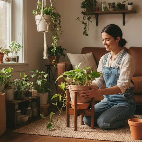 Adjustable Plant Stand for 8–12 Inch Pots, Solid Acacia Wood, Mid-Century Modern Indoor Outdoor Planter Holder with Stainless Steel Screws, Natural Brown (Pot & Plant Not Included) - color: PU Natural Brown