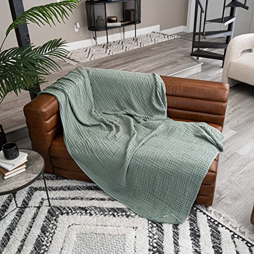 Comfy Cubs Muslin Throw Blanket - 50” x 60” Quilted Design - Lightweight, Breathable 6-Layer Gauze Fabric - Soft Cotton Blanket for Home or Travel - Packaged in Elegant Gift Box - Fern - color: Fern, size: Throw - 50" X 60"
