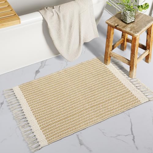 Lahome Boho Bathroom Rugs, Small 2x3 Front Door Mat Lightweight Kitchen Rug Woven Cotton Area Rug with Tassels, Farmhouse Non Shedding Washable Throw Rug Low Pile Carpet for Entry Laundry, Khaki - color: Khaki, size: 2' x 3' (Rectangular)