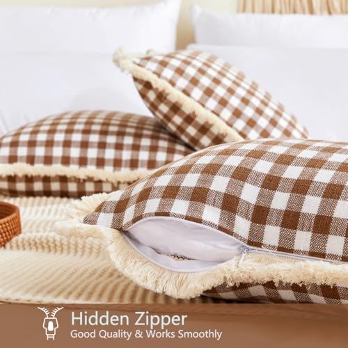 CARRIE HOME Farmhouse Brown Gingham Lumbar Pillow Covers 12x20 Set of 2, 12 x 20 Outdoor Khaki Checkered Plaid Lumbar Pillows for Patio Porch, Farmhouse Linen Throw Pillows with Ruffle Fringe - color: Lumbar Khaki & White (With Tassels), size: 20" x 12" (