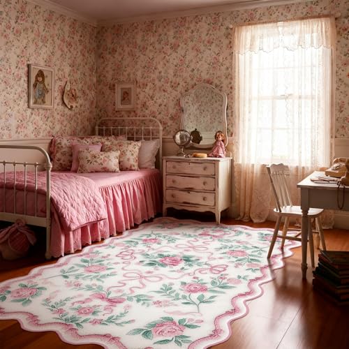 Drydiet Rug Boho Area Rugs 4'x6' Cute Sweet Scalloped Throw Rugs Aesthetic Soft Bedroom Carpet for Living Room Dining Playroom Nursery Family Indoor Dorm (Vintage Bow) - style: Vintage Bow
