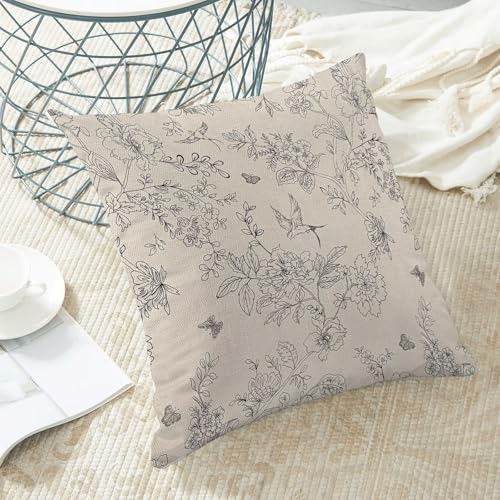 Spring Throw Pillow Covers 18x18 Set of 2, Black and White Print Linen Decorative Pillow Covers Bird Floral Outdoor Cushion Cover Vintage Flower Pillowcase for Sofa Couch Farmhouse Room - color: Spring Flower9, size: 18" x 18" (Pack of 2)