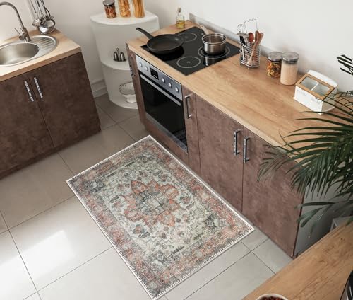 Keen Home Design 24"x36" Rug - Machine Washable Entry Rug with Non-Slip Backing, Ideal for Enteryway, Kitchen, Bathroom, Laundry Room - Vintage, Easy Clean, Durable, Low Pile - (2' x 3') - color: Orange/Offwhite, size: 2' x 3' (Rectangular)