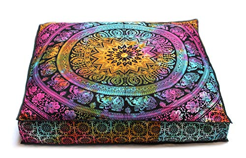 CRAFT KALA Mandala Floor Pillow Cushion Cover Seating Throw Cover Hippie Decorative Bohemian Ottoman Poufs Pom Pom Pillow Cases Boho Indian Cotton Living Room Yoga Home Décor 24" Square Multi Elephant - color: Multi Elephant, size: 24" x 24" (Pack of 1)