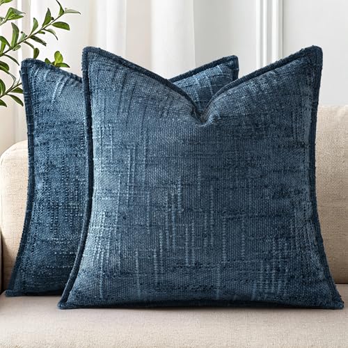 decorUhome Chenille Throw Pillow Covers 22x22 Set of 2, Soft Textured Slubby Modern Decorative Pillow Covers with Elegant Design for Couch, Sofa, Living Room, Navy Blue - color: Navy Blue, size: 22" x 22" (Pack of 2)