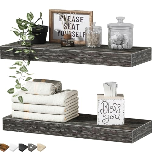 QEEIG Bathroom Floating Shelves for Wall - 15.7" Wall Mounted Shelf Over Toilet Farmhouse Home Decor Display Bookshelf Small 15.7 x 6.7 inch Set of 2, Grey (008-40GY) - color: D. Grey, size: 15.7"