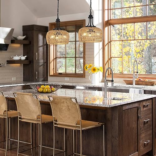 HMVPL Farmhouse Chandelier for Dining Room, 3-Light Boho Rattan Chandelier Light Fixture Ceiling Hanging with Woven Lampshade, Small Wicker Coastal Pendant Light for Kitchen Bedroom Island Hallway - color: Brown, size: 3-Lights (D)12.6 in