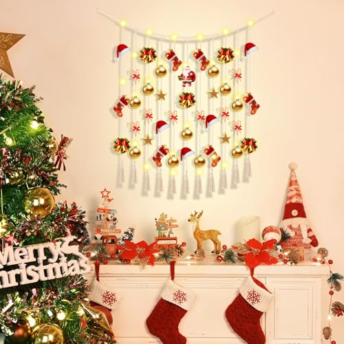 Macrame Hanging Photo Display Boho Wall Decor with String Lights Wooden Beads Garland Picture Frame Collage Holder with 45 Clips for Room, Bedroom, Dorm, Christmas Teenage Teen Girl Gifts (Beige, Large) - size: Large