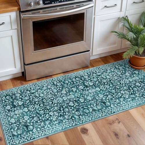Vintage Washable 2x5 Rug Runner, Teal Runners for hallways, Super Soft Kitchen Runner Rug Non Slip, Print Faux Wool Floral Thin Carpet Runner for Entryway Indoor Bedroom - color: Vintage Teal, size: 2' x 5' (Runner)