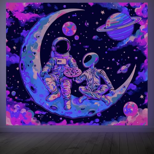 CRAFTYMELODY Astronaut Alien Blacklight Tapestry Glow in the Dark Tapestry UV Reactive Funny Universe Wall Hanging 59×51 Inch with Hook Self Adhesive Sticker Clip for Bedroom Home Wall Decoration - color: Astronaut