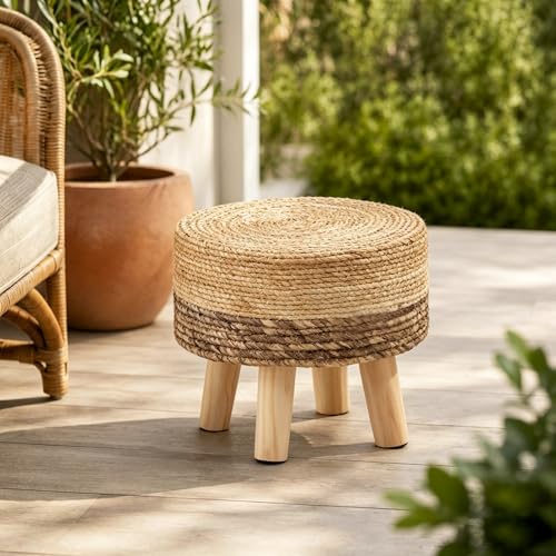 Wimarsbon Round Foot Stool Natural Seagrass Poufs Ottoman Hand Weave Footrest Stool for Couch Desk Extra Seat Step Stool with Solid Wood Legs for Hallway Patio Lounge Brown - color: Brown, size: 13"D x 13"W x 10.6"H