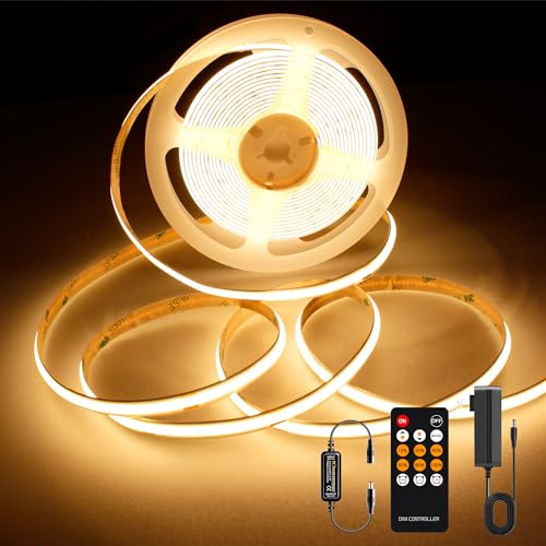 AXMOTUT COB LED Strip Light Warm White, High Bright LED Lights with 2400LEDs, RF Remote and UL Power Supply, 2700K Dimmable LED Rope Lights for Mirror, Bedroom, Kitchen, DIY Home Decoration - color: 2700K, size: 16.4FT