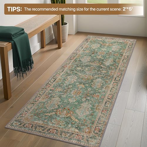 Bavni Runner Rug, Machine Washable Rugs for Bedroom 2x10, Non Slip Boho Rugs with Rubber Backing, Ultra-Thin Folable Rug Runner for Hallways Bathroom, Sage/Gold - color: Sage/Gold, size: 2' x 10' (Rectangular)