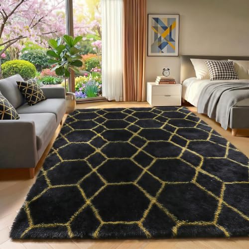 ONASAR Area Rugs for Bedroom Living Room, 4x6 Fluffy Black and Gold Throw Rug, Shaggy Geometric Floor Mat for Home Decor, Soft Plush Carpet for Kids Teen Playroom Dorm Classroom Office - color: 2- Black / Gold, size: 4' x 6' (Rectangular)