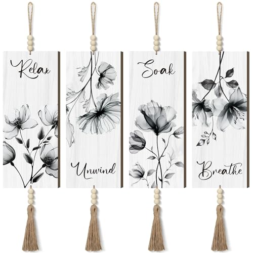 Qunclay 4 Pieces Boho Wall Decor for Bathroom 12 x 5 Inch Relax Soak Unwind Breathe Bathroom Sign with Beads Leaf Print Minimalist Botanical Wall Art Farmhouse Wooden Hanging Art(Gray,Flower) - color: Gray Flower