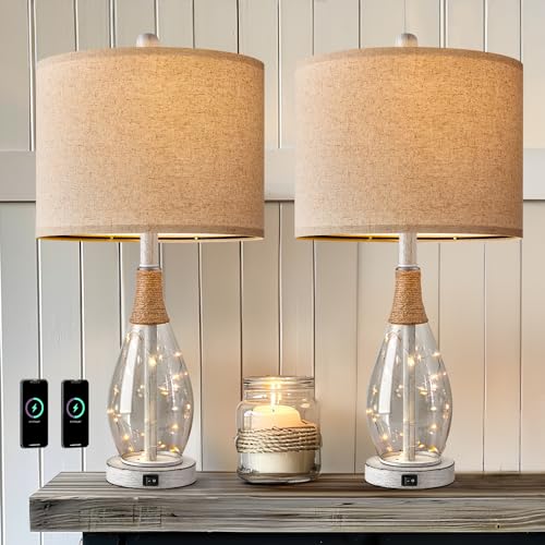 OYEARS 23" Table Lamps for Living Room Set of 2 Bedside Lamps for Night Stands Bedroom Lamps Farmhouse Rattan Boho Lamp Glass Nightlight End Table Lamp with USB C+A (White),Two Light Points - color: Washed White