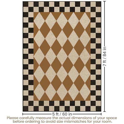 Washable Checkered Easy Jute Rug 5x7, Brown Black Checkerboard Geometric Modern Outdoor Indoor Patio Large Rug, Woven Thin Carpet Mat for Living Dining Play Room Bedroom Classroom Kids Nursery - color: Checkerboard -4 Brown Black, size: 5' x 7'