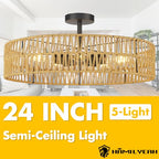 Hamilyeah 24 inch Rattan Boho Flush Mount Ceiling Light Fixture with 5 Light,Woven Light Fixtures Ceiling Mount for Living Room, Bedroom, Kitchen - color: 24INCH Black Semi Ceiling Light