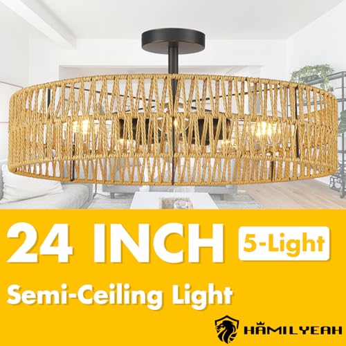 Hamilyeah 24 inch Rattan Boho Flush Mount Ceiling Light Fixture with 5 Light,Woven Light Fixtures Ceiling Mount for Living Room, Bedroom, Kitchen - color: 24INCH Black Semi Ceiling Light
