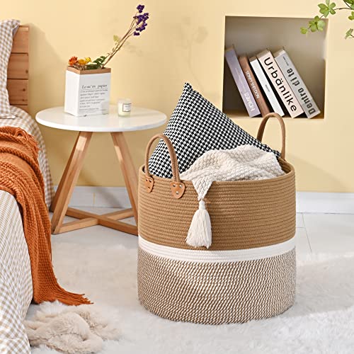 KAKAMAY Large Blanket Basket (18"x18"x16"),Woven Baby Laundry Hamper for Storage, Cotton Rope Blankets Baskets for Nursery, Laundry, Living Room, Pillows, Baby Toy chest with Handles (Brown) - color: Brown