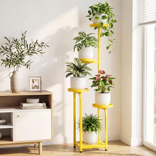 TOSKING 5 Tier Tall Plant Stand Indoor Outdoor,Anti-Tip Plant Stand indoor, Wide Base for Pots, Child and Pet Friendly,Heavy Duty Corner Shelf for Plants & Decor, Space Saving ,Tiered Metal Flower Pot Stand for Balcony, Garden, Living Room, Patio (Yellow,