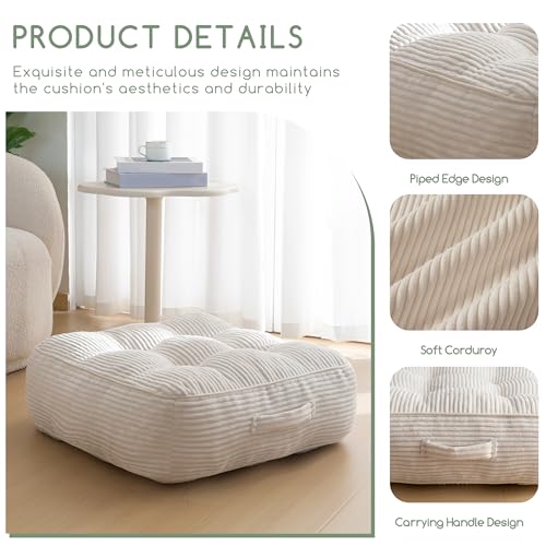 HIGOGOGO 8" Extra Thick Floor Pillow Cushion for Adults, Meditation Cushion Pillow, Large Square Floor Sitting, Tufted Corduroy Cover, for Tatami Living Room or Yoga, 22x22 Inch, Beige - color: Square Beige, size: 8" Thick(Pack of 1)