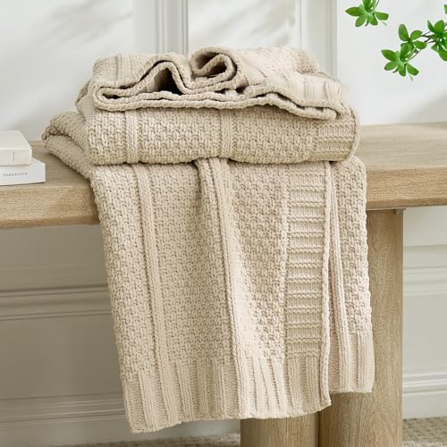 Amélie Home Premium Chenille Throw Blanket, Soft Cozy Moss Stitch Knit Blanket for Couch, Sofa, Chair, Home Decor, Beige 50"x60" - color: Beige, size: 50" X 60"