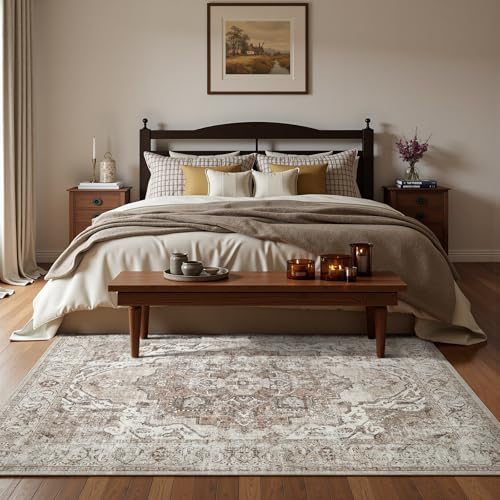 jinchan Area Rug 6x9 Washable Living Room Rug Indoor Large Vintage Floor Cover Distressed Taupe Multi Lightweight Non Slip Thin Carpet for Kitchen Bedroom Dining Room - color: Medallion Taupe Multi, size: 6' x 9' (Rectangular)