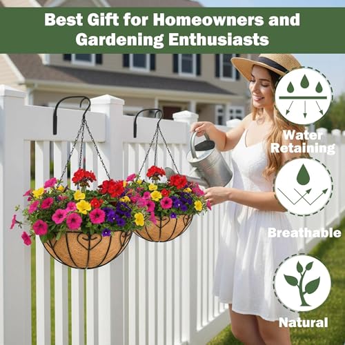 4 Pack 14 Inch Hanging Metal Planters for Outdoor Plants, Modern Black Solid Rectangular Hanging Baskets with Coco Coir Liner - size: 14 Inch, style: Modern