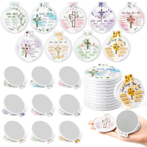 Y1tvei Christian Gifts Compact Mirror - 36Pcs Flower Cross God Say You Are Bible Verse Folding Compact Mirrors Inspirational Small Portable Pocket Makeup Mirror for Purse Church Party Favors for Women - color: White-cross
