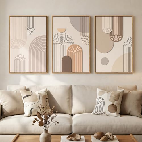 3 Piece Framed Neutral Boho Wall Art for Living Room, Large Minimalist Abstract Canvas Artwork for Walls, Mid Century Modern Beige Geometric Prints Paintings for Bedroom Hallway Wall Decor 16x24 Inch - color: Beige, size: 24" H x 16" W x 3Pcs