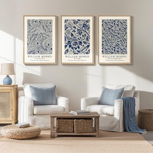 Framed Large William Morris Wall Art Set of 3, Vintage Blue Botanical Floral Canvas Wall Decor Painting, Farmhouse Aesthetic Artwork Prints for Living Room, Bedroom, Hallway, Office, Total Size 30x60 - color: Blue, size: 20"W x 30" H x 3Pcs