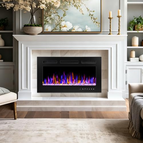 BETELNUT 30" Electric Fireplace Wall Mounted and Recessed with Remote Control, 750/1500W Ultra-Thin Wall Fireplace Heater W/Timer Adjustable Flame Color and Brightness, Log Set & Crystal Options - size: 30 Inch
