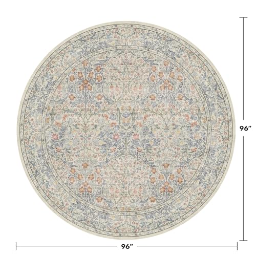 Hazo Haus Beige Blue Large Round Rug for Living Room - 8ft Circle Area Rug for Bedroom, Kids Room, Home Office, Foyer, Non Slip Washable Botanical Floral 8 x 8 Décor - color: Beige Blue, size: 8' (Round)