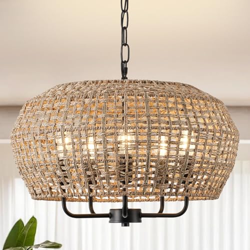 20" Boho Rattan Chandelier for Dining Room,5-Light Hand-Woven Natural Rattan Ceiling Light Fixture with Adjustable Chain,E12 Sockets Dimmable Pendant Light for Kitchen Living Room Hotel(Black) - color: Black 5-Light 20" Round