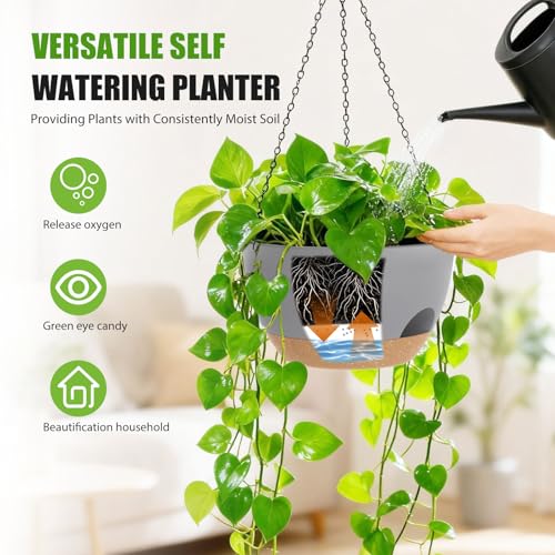 8 Inch Hanging Planters for Indoor Outdoor Plants, 4 Pack Plastic Self Watering Hanging Baskets with Drainage Holes and Chain for Garden Porch - color: Colorful