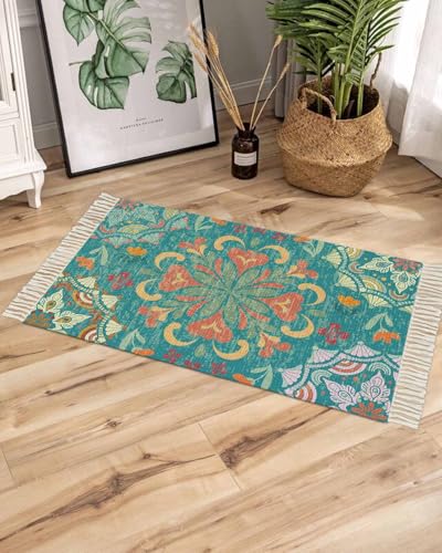 Green Boho Bathroom Rug 2' x 3', Shabby Vintage Ethnic Abstract Floral Art Low Profile Front Entryway Rug with Tassels, Woven Cotton Washable Kitchen Mat Carpet for Foyer Bedroom Back Door Decor - color: Teal, size: 2' x 3' (Rectangular)