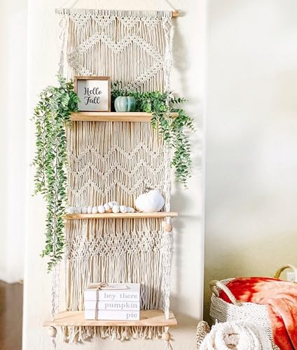 SnugLife Macrame Wall Hanging Shelf - 3 Tier Wall Plant Hanger Shelves with Handmade Woven Rope - Boho Shelves Organizer for Kitchen, Bathroom, Home Storage, Floating Plant Shelf (Pine Wood) - size: 3 Tier