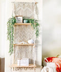 SnugLife Macrame Wall Hanging Shelf - 3 Tier Wall Plant Hanger Shelves with Handmade Woven Rope - Boho Shelves Organizer for Kitchen, Bathroom, Home Storage, Floating Plant Shelf (Pine Wood) - size: 3 Tier