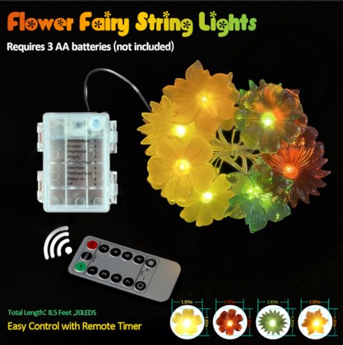 Cute Flower Fairy Lights String of flowers for decorating-7ft 20LED Waterproof Battery Operated String Lights Outdoor Indoor- Floral Garland for Wedding Garden Christmas Tree Bedroom Wreath Decor - color: Red-Green-Yellow-Orange