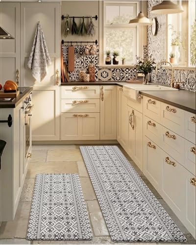 LUMI Anti-Fatigue Kitchen Floor Mats Set of 2,Cushioned Comfort Standing Rug Waterproof 2PCS, Non-Slip Ergonomic Foam Runner for Sink, Laundry, Office & Home,17x29+17x59, - color: Gray and White, size: 59"L x 17"W x 0.4"Th + 30"L x 17"W x 0.4"Th