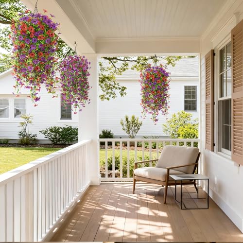 INQCMY Artificial Hanging Flower Baskets for Spring Outdoor Decoration Fake Plants UV Resistant Faux Silk Daisy with Eucalyptus Leaves Realistic Look for Home Porch Patio Yard - color: Red Purple