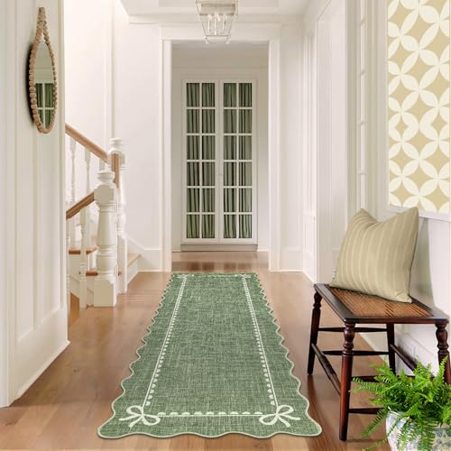 GarveeHome Scalloped Bow Rug for Living Room, Solid Green Rug for Dorm, Washable Runner Rug 2.5x8 Soft Low Pile Non Slip Scalloped Rugs for Nursery Bedroom Decor Hallway Entryway Playroom - color: Green, size: 2'6" x 8' (Rectangular)