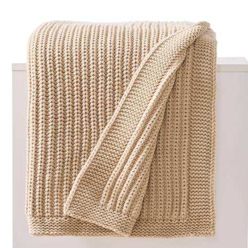 Chunky Knit Beige Throw Blanket for Couch Soft Cozy Thick Cable Knitted Throw for Sofa Bed Cute Decorative Blanket for Living Room,50"x 60",Ginger Beige - color: Ginger Beige, size: 50"x 60"