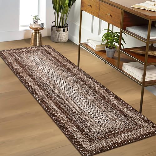 RUGSREAL Runner Rug 2x8 Machine Washable Hallway Runner Rug Entryway Long Runner Carpet Braided Printed Throw Mat Non Slip Kitchen Mat Living Room Rustic Carpet for Bedroom Dining Room, Brown - color: Brown, size: 2' x 8' (Runner)