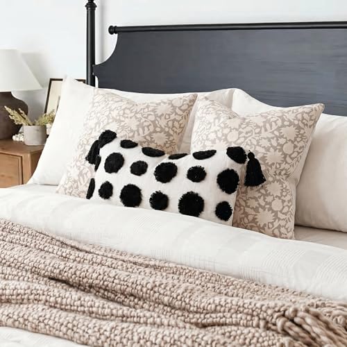 PANOD Super Soft Farmhouse Decorative Plush Throw Pillow Covers 12 x 20 Black,Solid Pom pom Tufted with Tassels Modern Accent Boho Lumbar Cushion Cover Pillow Case for Couch Sofa - color: Black, size: 20" x 12" (Pack of 1)